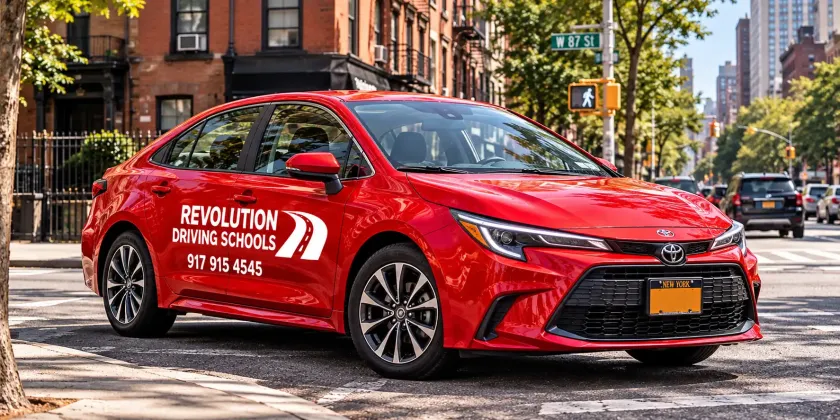 Revolution Driving Schools red car on a Manhattan street in New York City